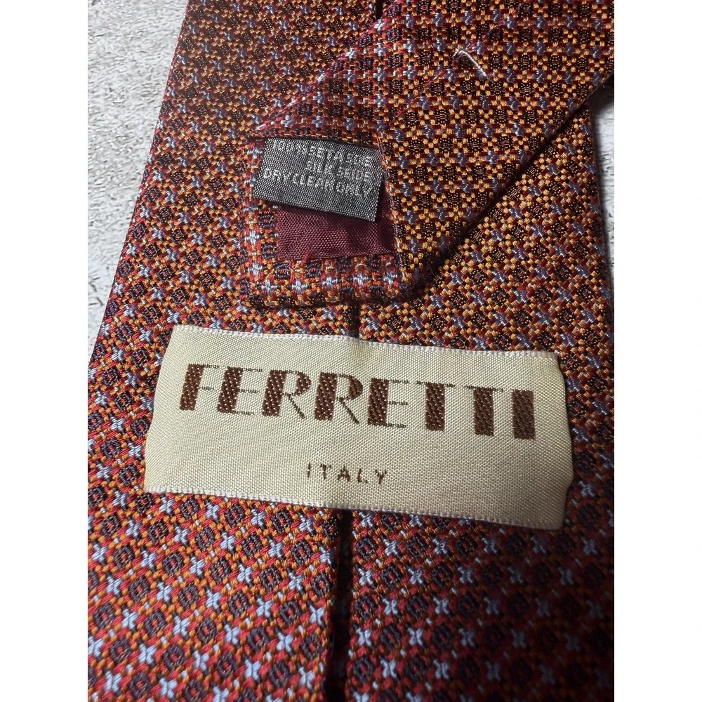 Ferretti 100% Silk Tie Mens One Size Brown Geometric Pointed Necktie Italy